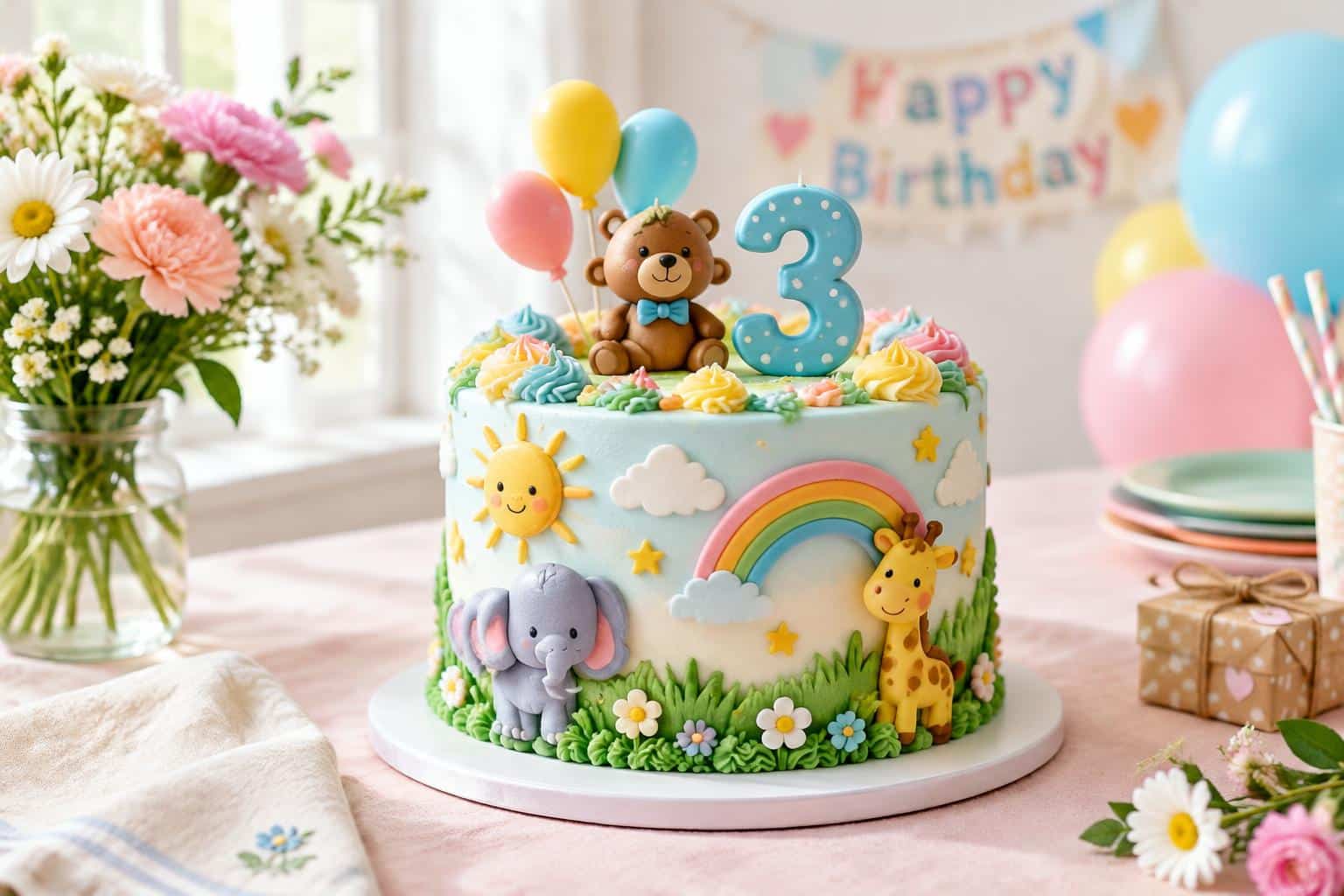 3D decorated kids birthday cake with colorful frosting and playful shapes