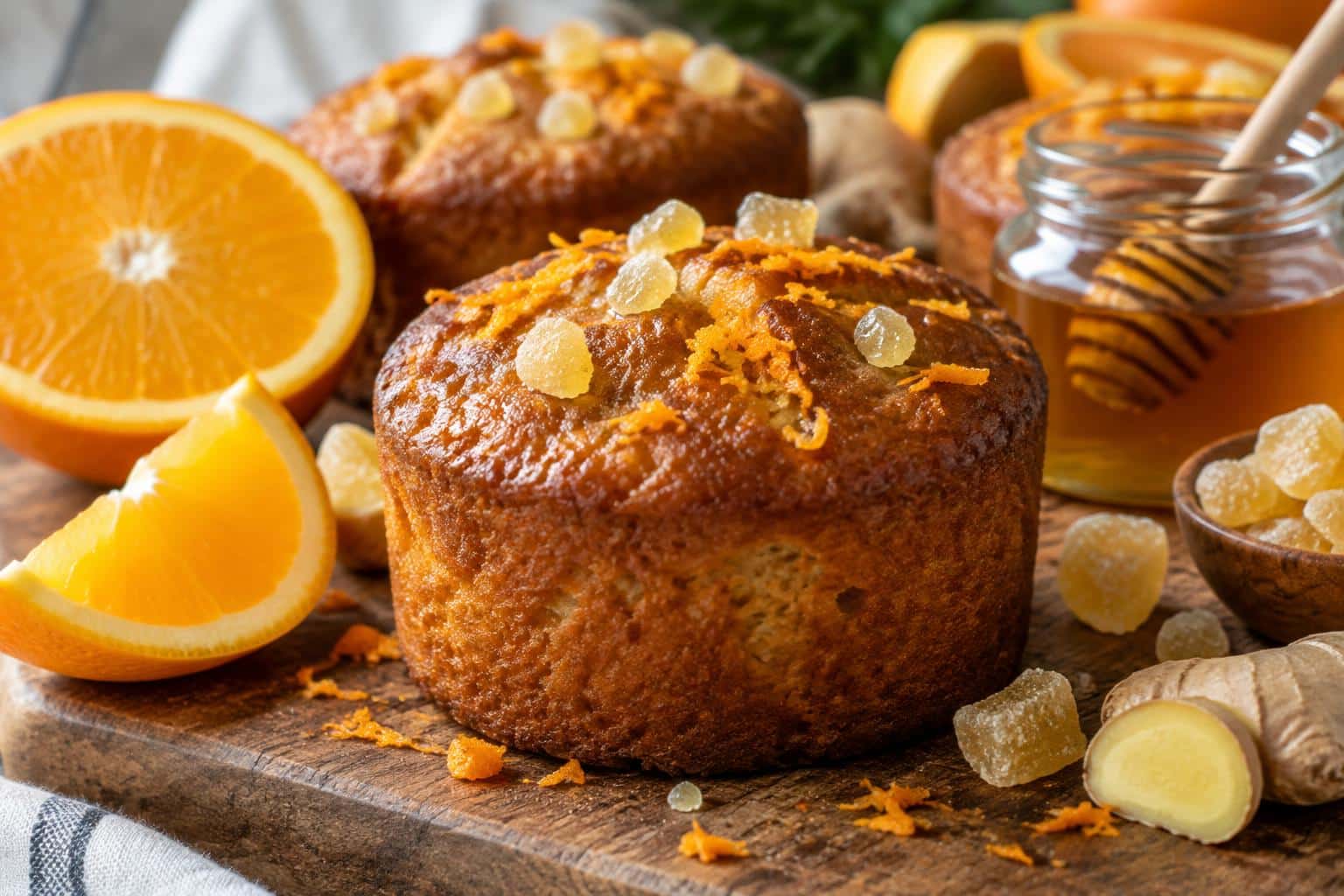 Moist orange ginger honey cakes with orange zest and crystallized ginger garnish