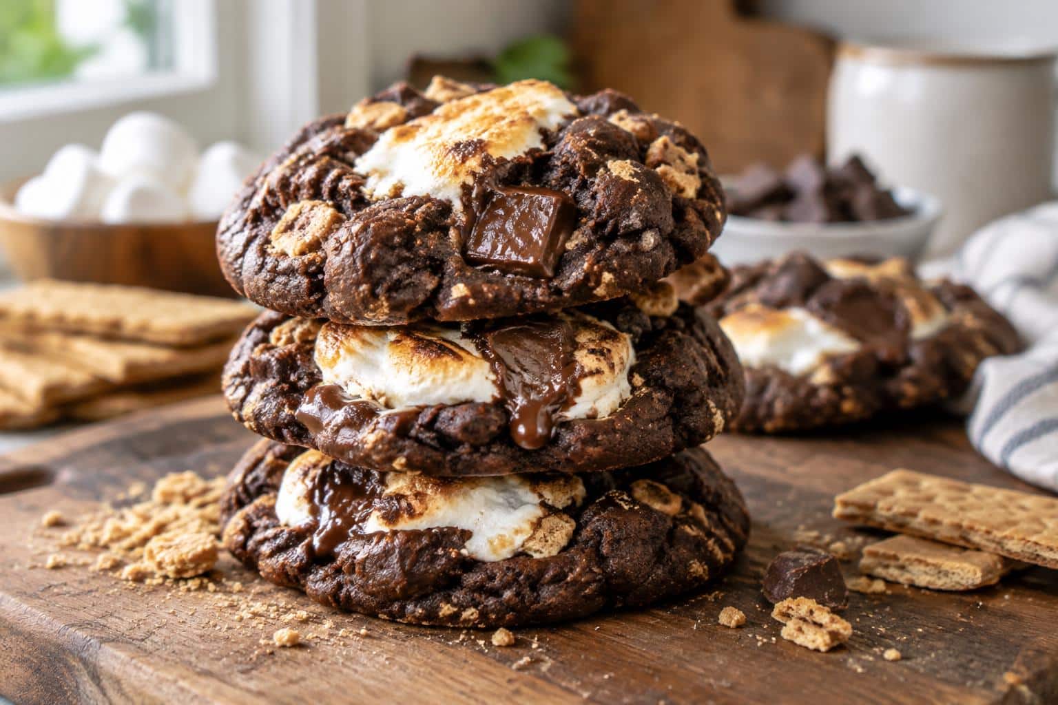 Double chocolate s'mores cookies with melted marshmallows and chocolate chunks on rustic wooden board