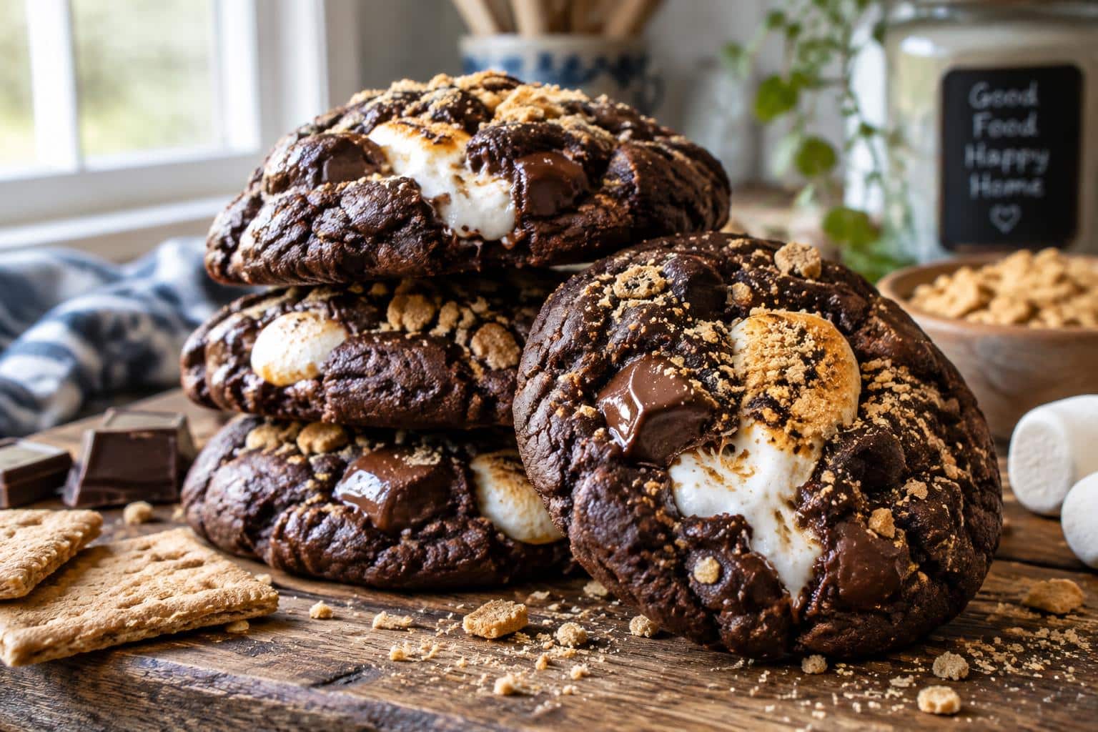 Double chocolate s'mores cookies stacked on a board with melted marshmallows and chocolate chunks