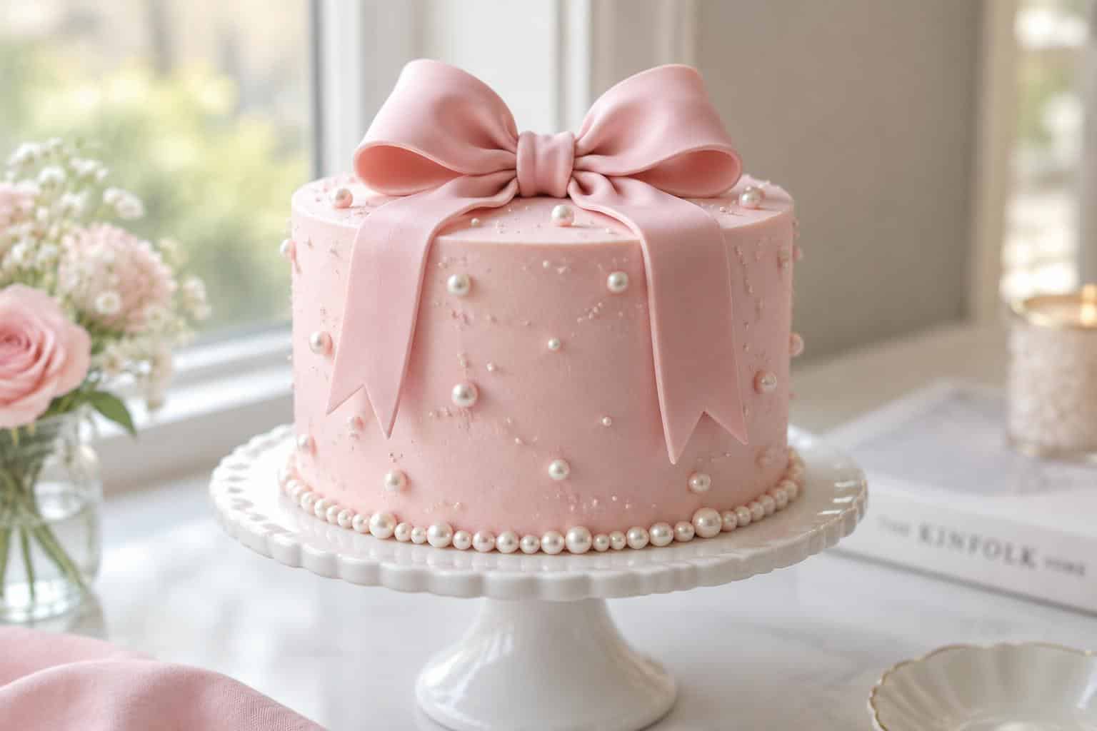 Princess cake recipe with pink frosting and elegant ribbon bow decoration under soft natural light