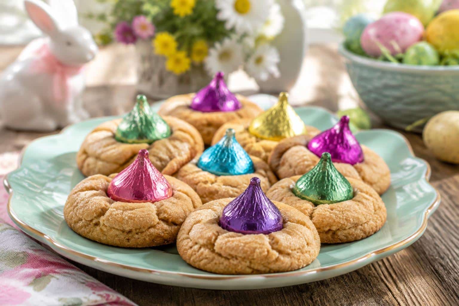 Easter chocolate kiss cookies on pastel plate with foil-wrapped chocolate kisses
