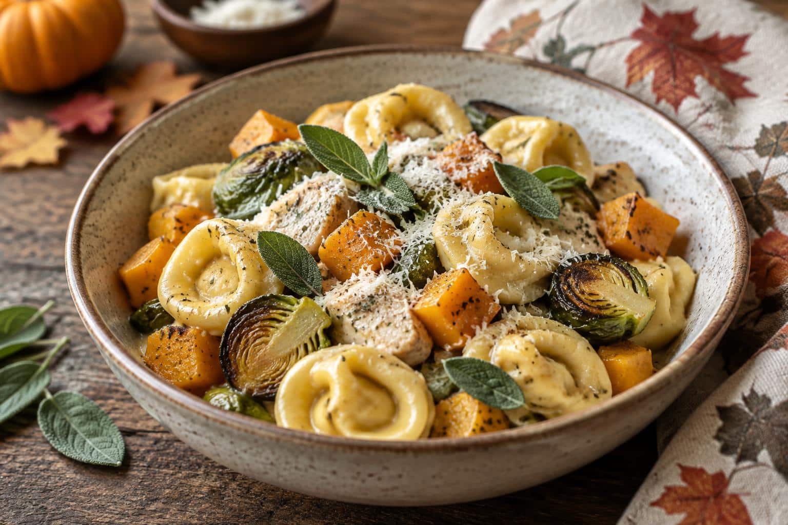 Autumn chicken tortellini with roasted butternut squash and Brussels sprouts in a bowl
