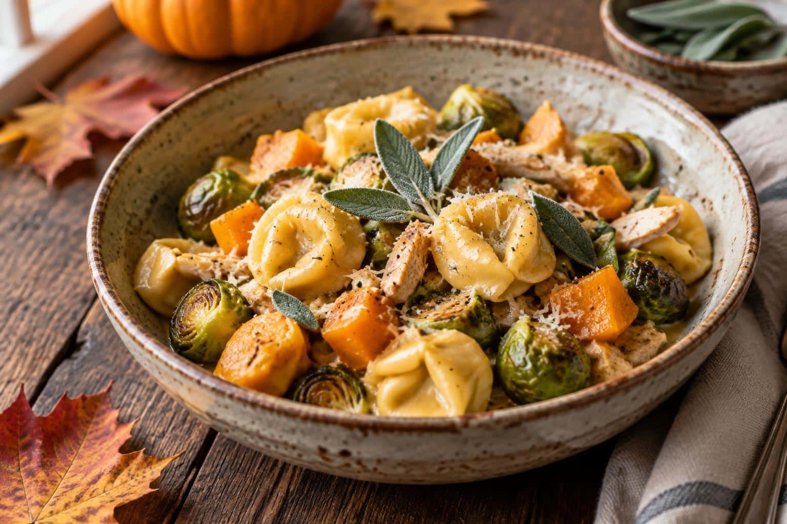 Close-up of autumn chicken tortellini with butternut squash and Brussels sprouts in a rustic bowl