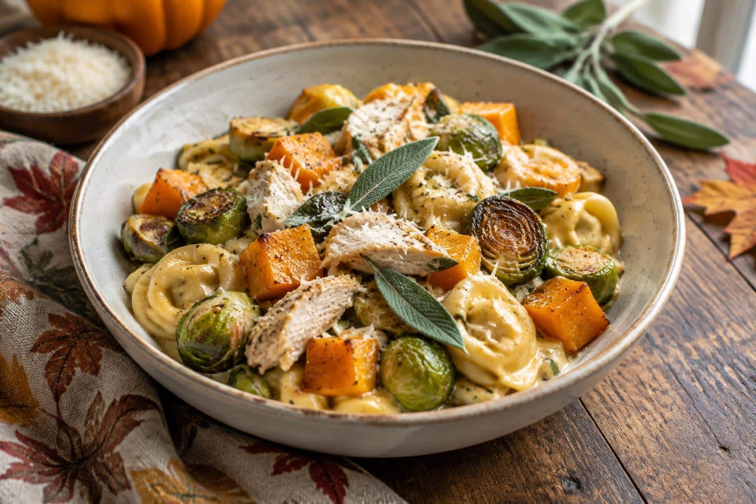 Chicken tortellini with butternut squash and Brussels sprouts in a cozy autumn dish