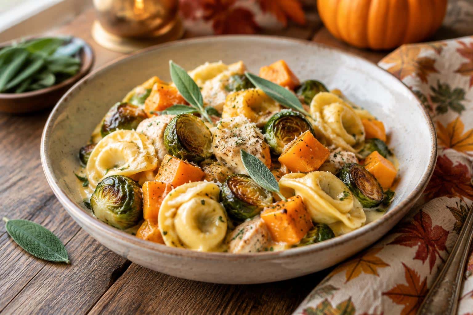 Autumn chicken tortellini with butternut squash and Brussels sprouts in creamy sauce