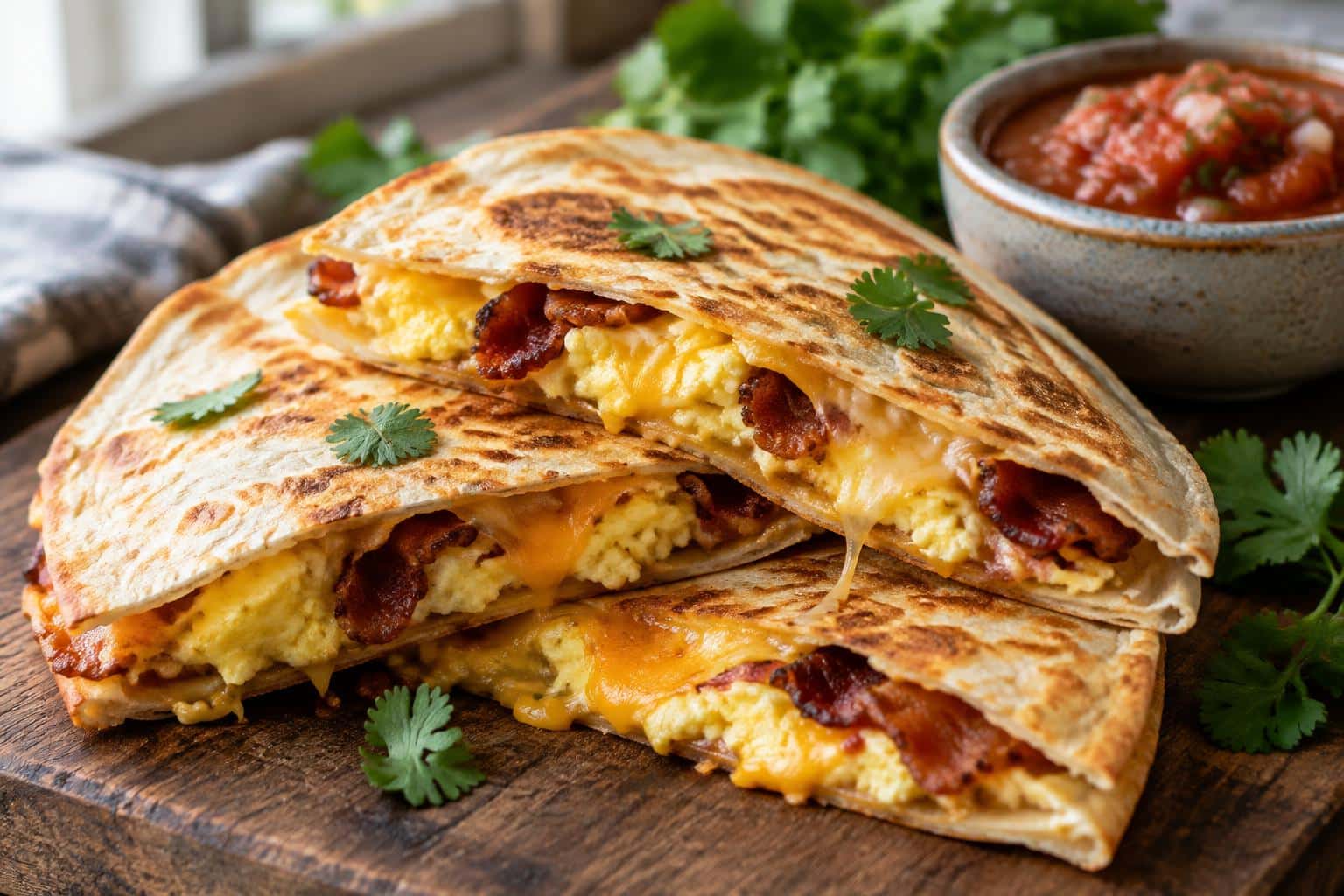 Breakfast quesadillas filled with bacon, egg, and cheese on a wooden board with salsa and cilantro garnish