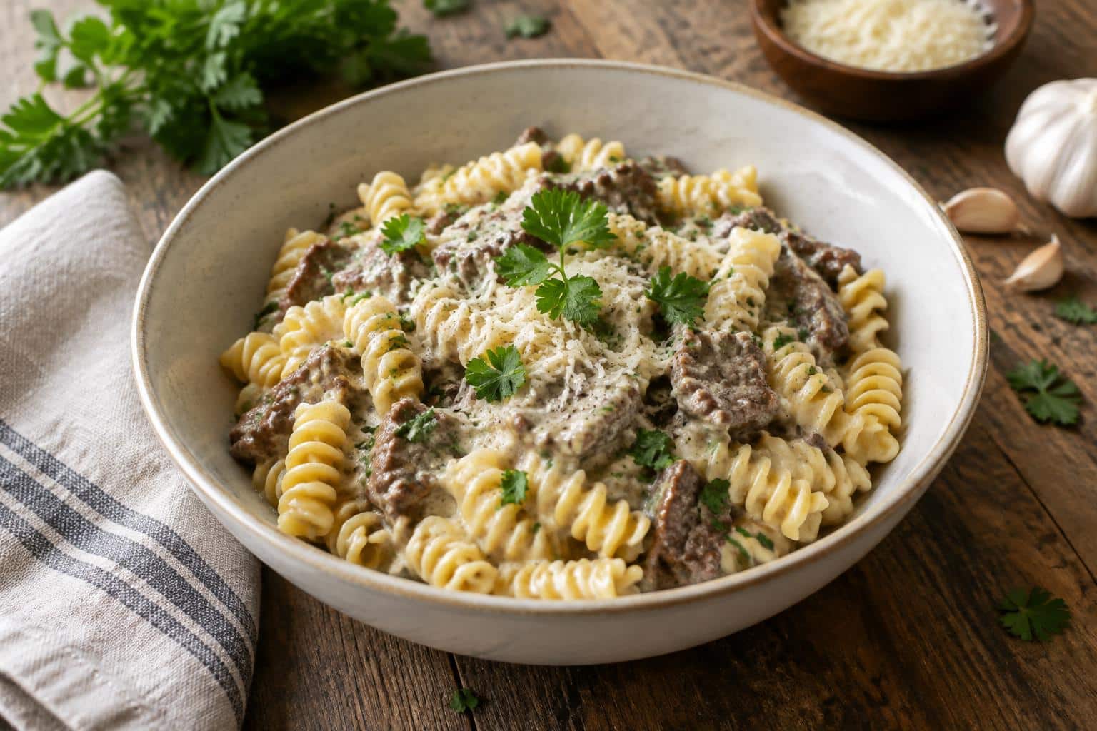 bowl of beef rotini in garlic parmesan sauce garnished with parsley