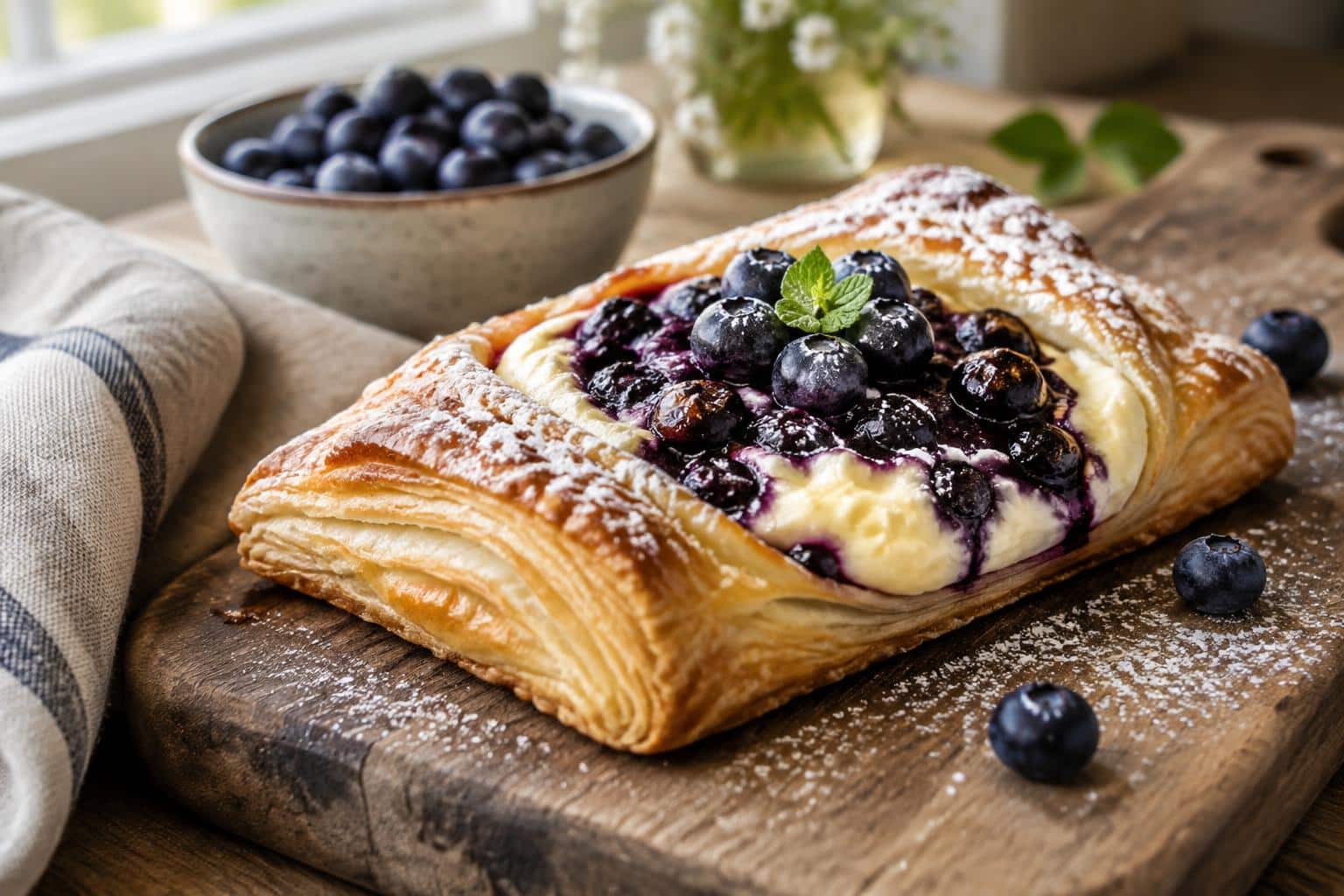 freshly baked blueberry cream cheese puff pastry with flaky layers and creamy filling