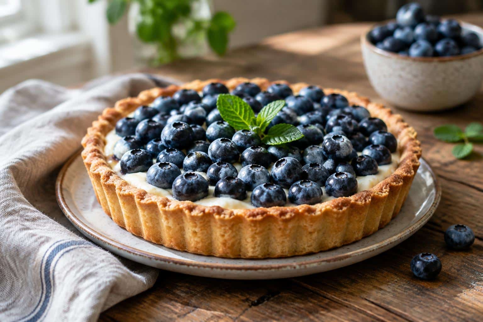 Creamy blueberry tart with golden crust and fresh blueberries, showcasing the blueberry tart dessert