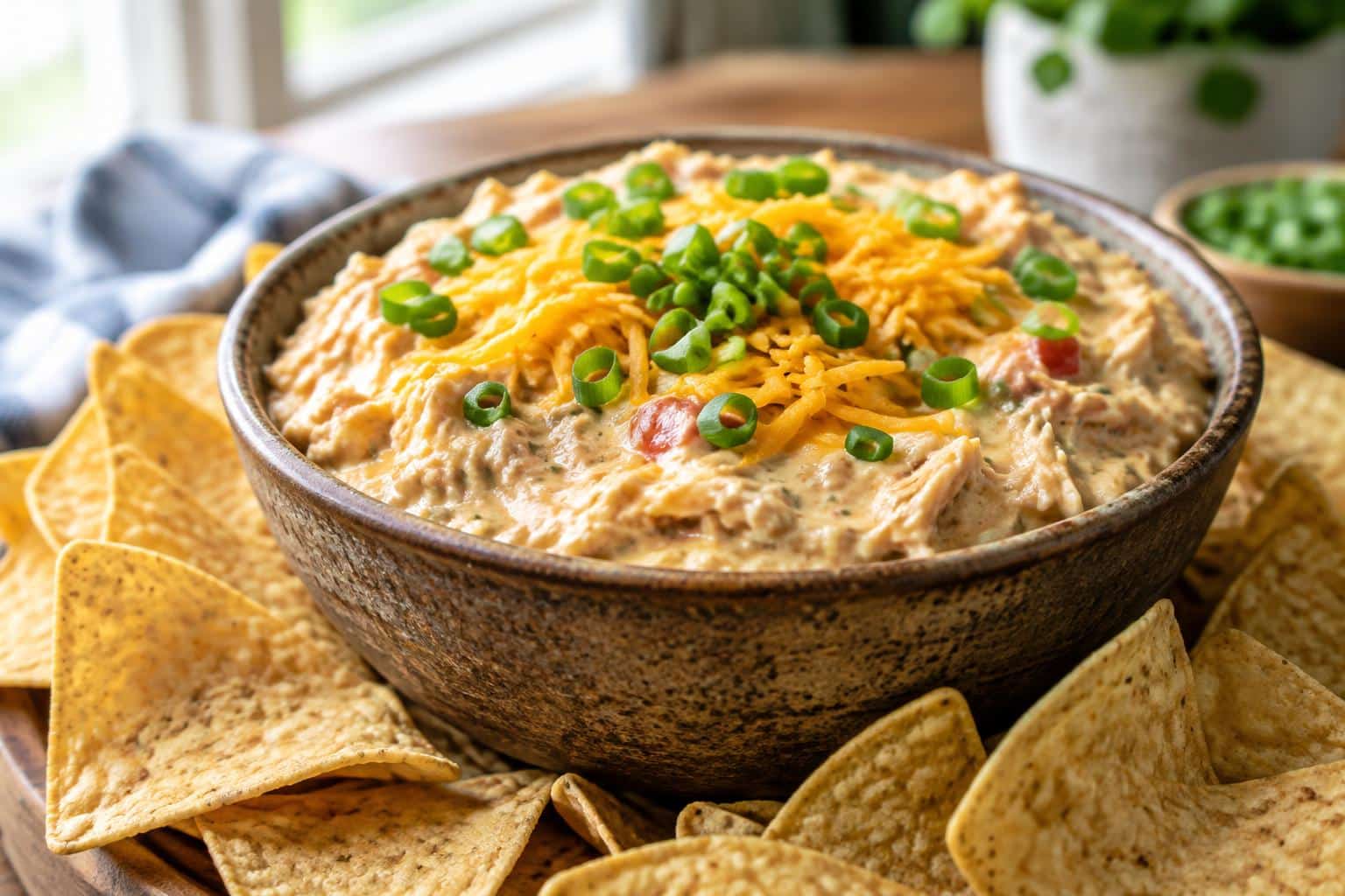Creamy boat dip in a rustic bowl with tortilla chips and green onion garnish