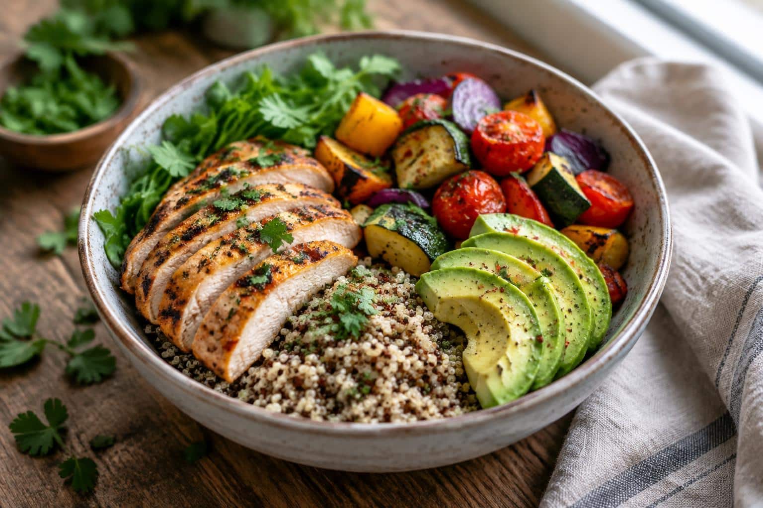 Easy bowl meals with grilled chicken, quinoa, roasted veggies, and avocado slices in a vibrant healthy dish