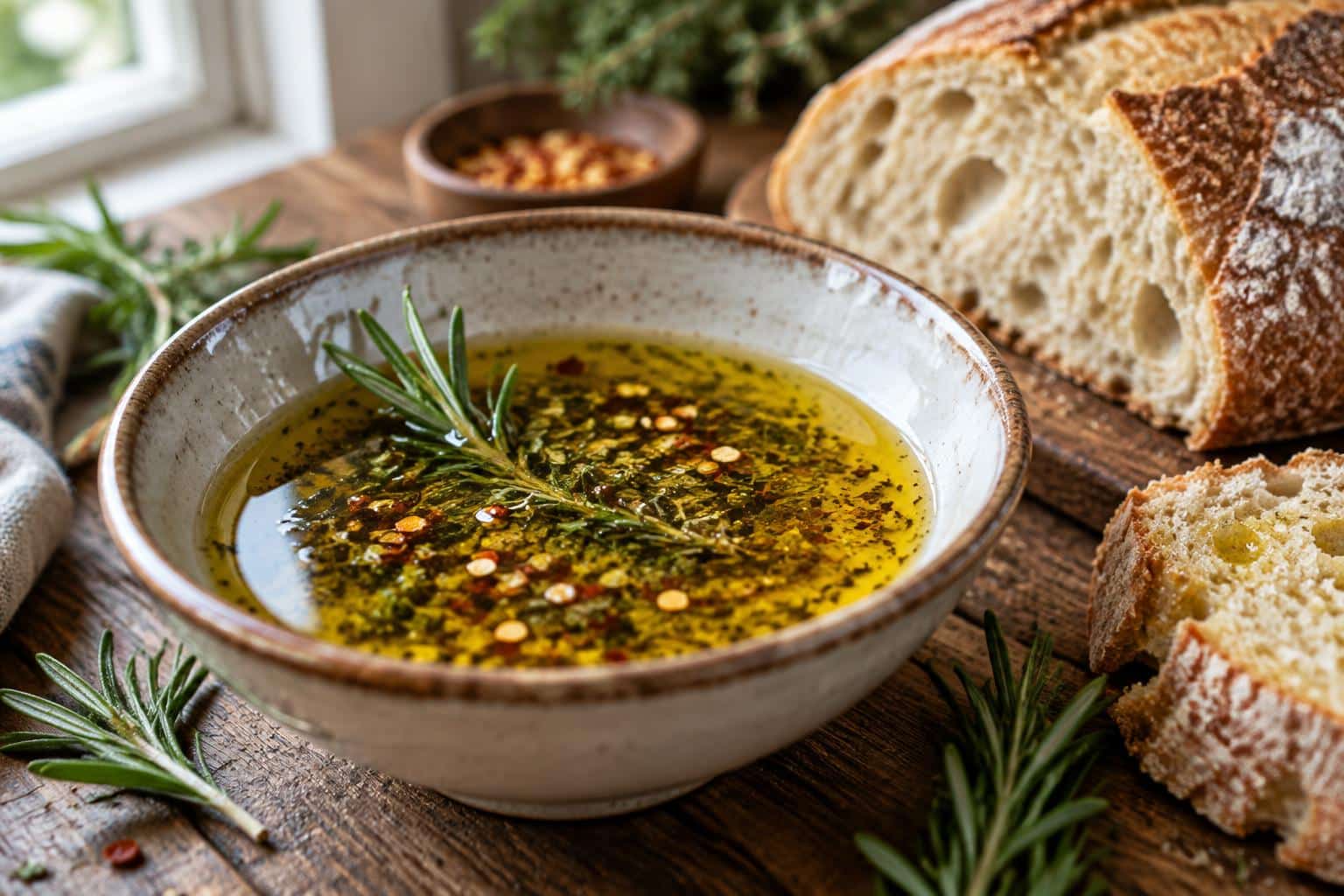 Bowl of fresh bread dipping oil with herbs and chili flakes ready for dipping