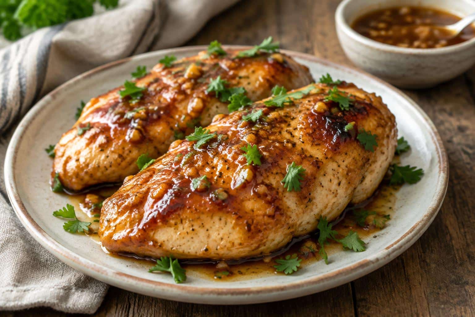 glossy brown sugar garlic chicken breasts garnished with parsley on rustic plate