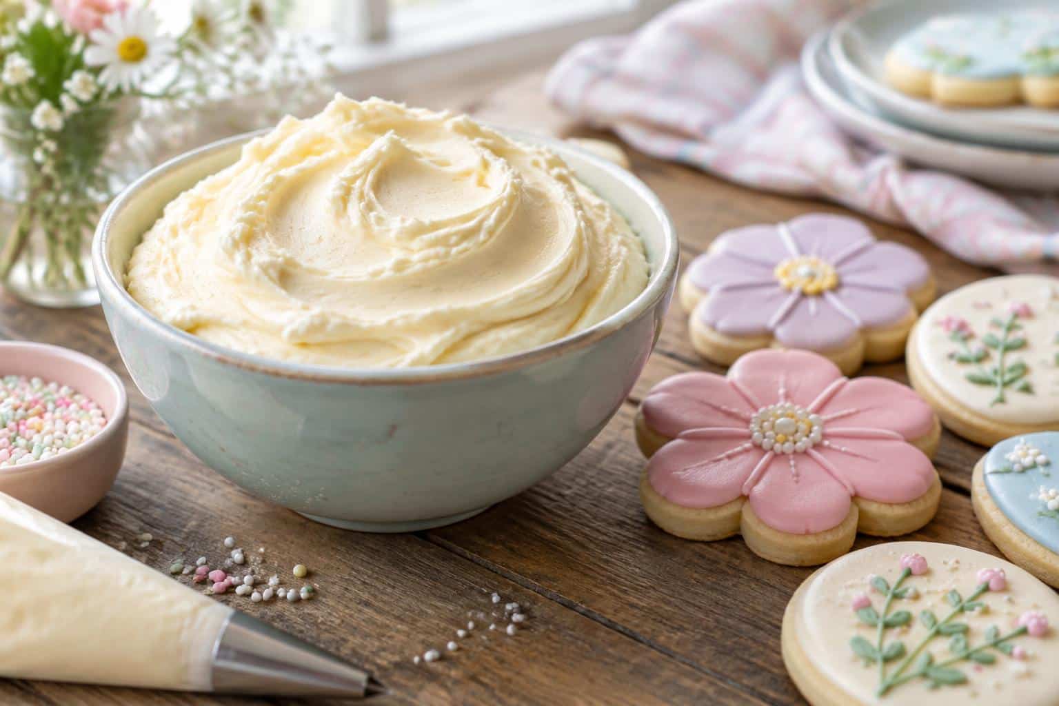Smooth buttercream frosting for sugar cookie decorating with decorated cookies on rustic surface