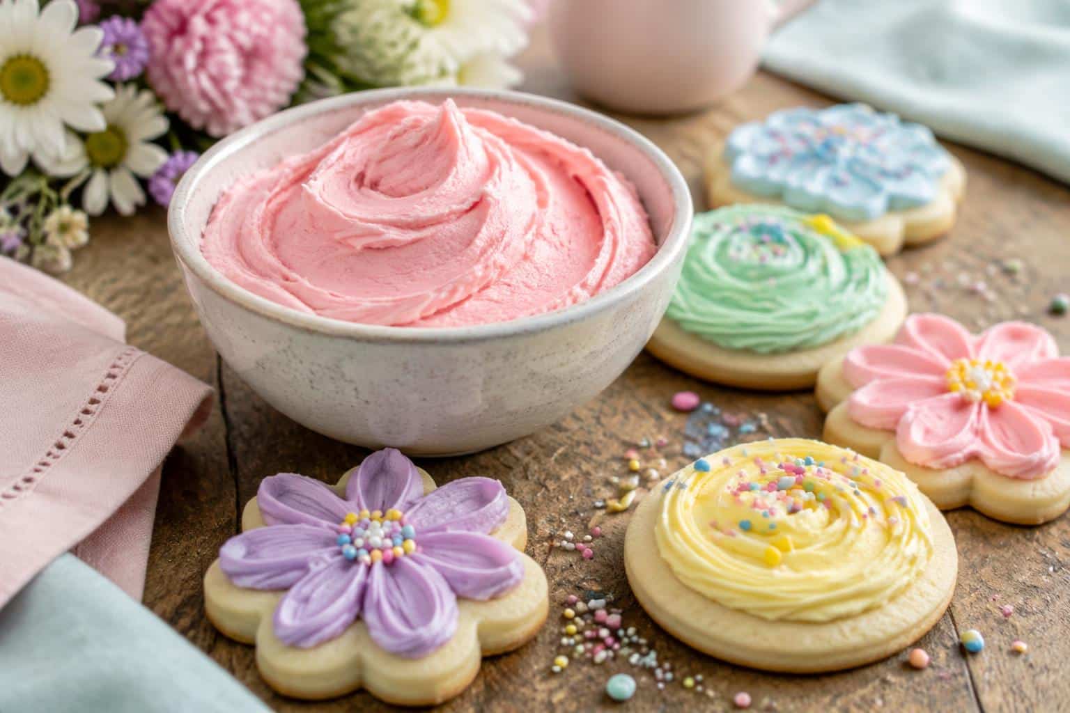 Smooth and creamy buttercream frosting perfect for sugar cookie decorating on rustic wooden surface