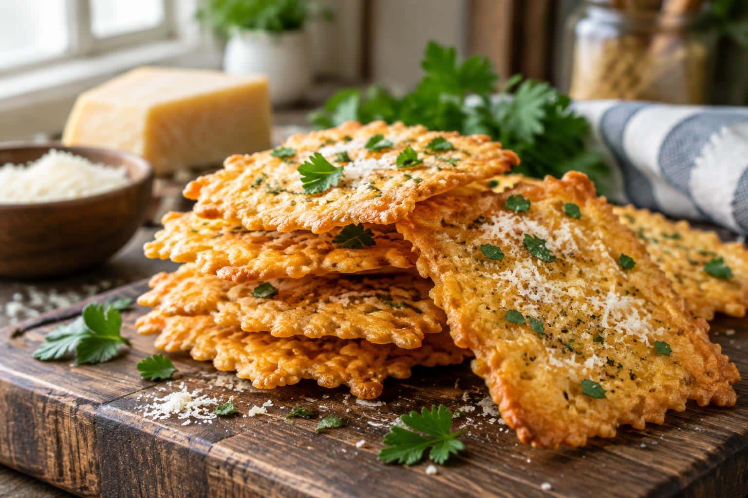 Crispy cheesy parmesan crackers stacked on a wooden board with parsley garnish