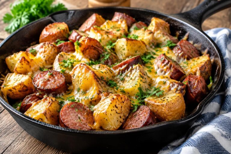 One-pan cheesy ranch potatoes with smoked sausage garnished with parsley