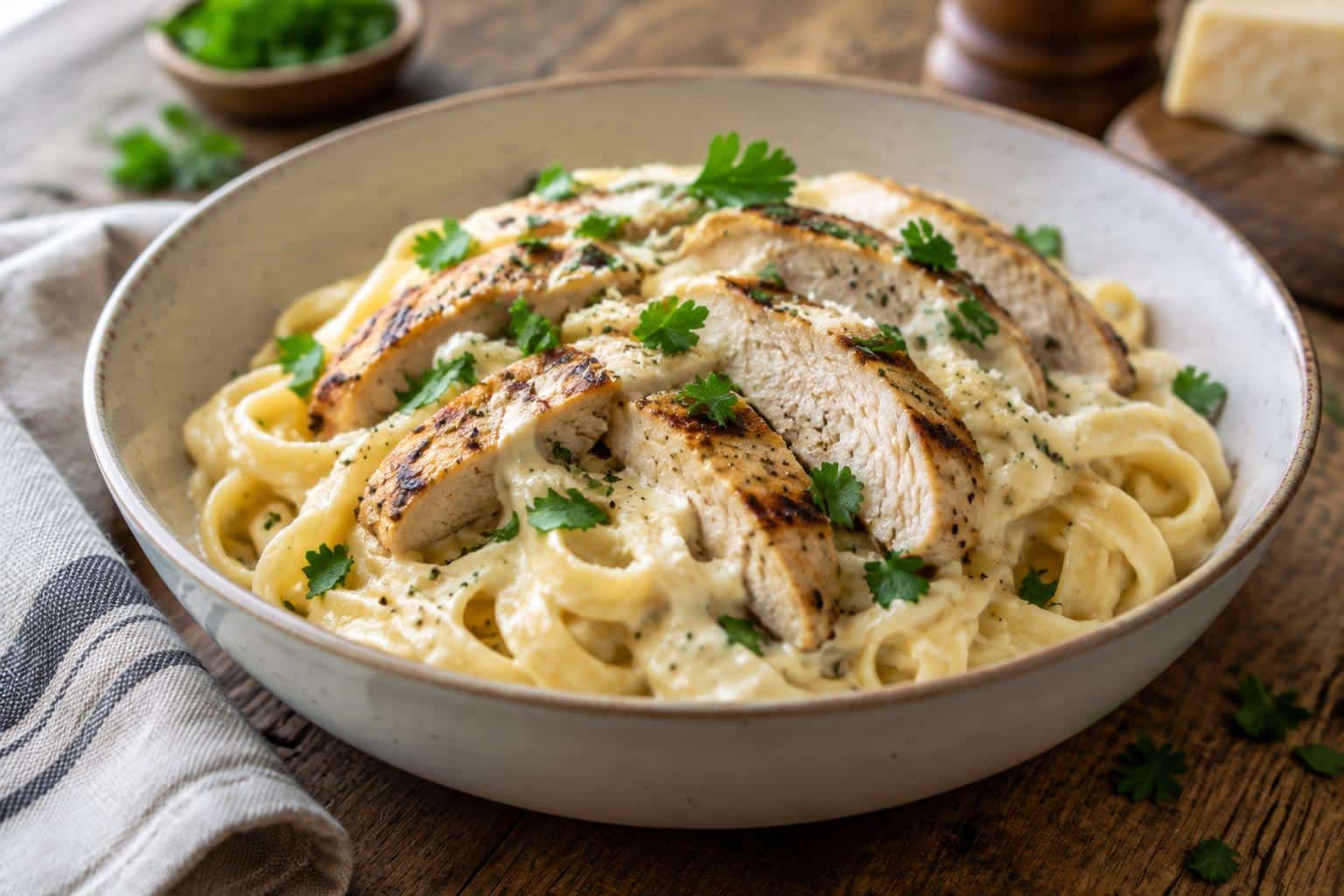 Creamy chicken alfredo pasta with grilled chicken and parsley garnish