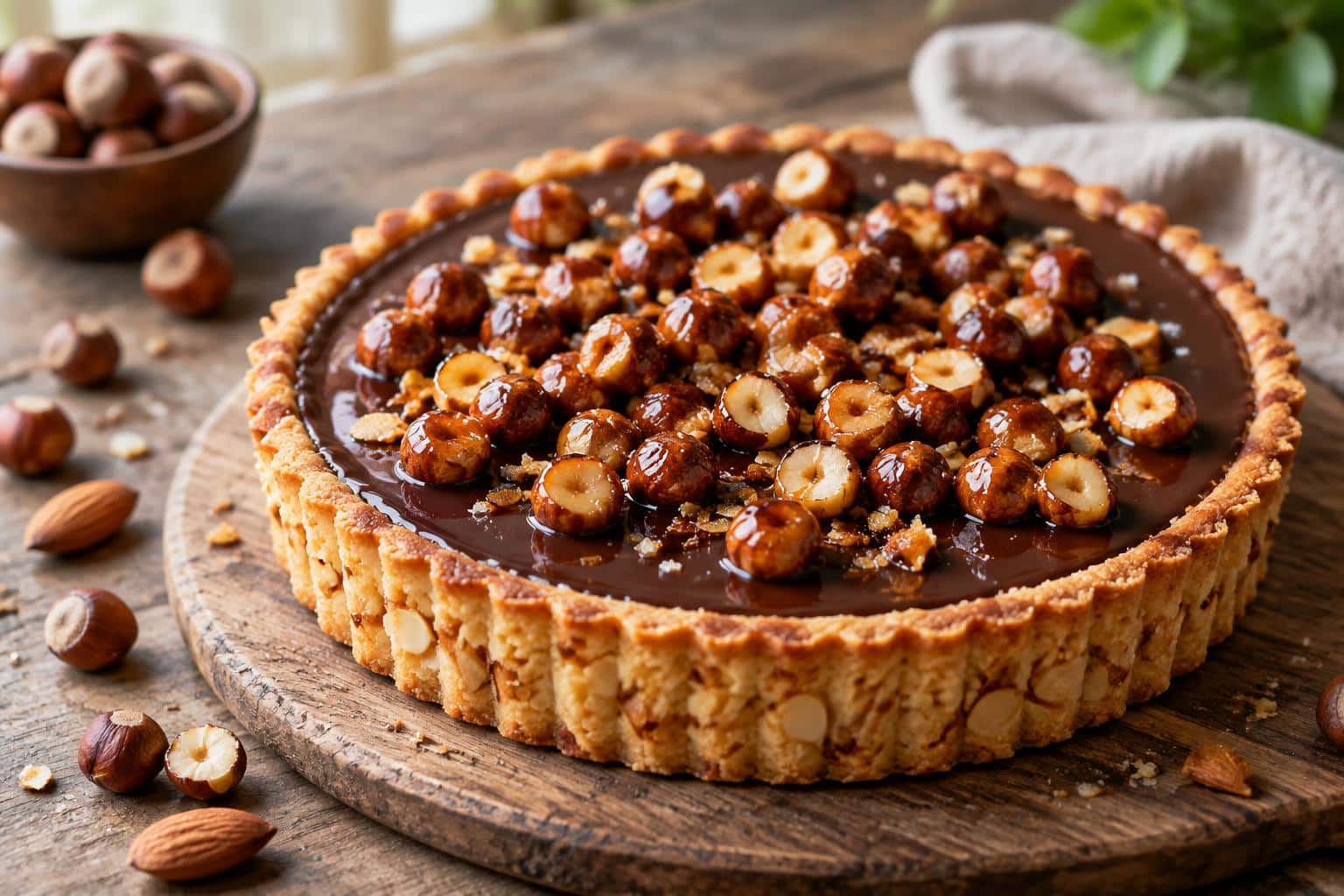 Chocolate hazelnut tart with crispy almond crust and caramelized hazelnuts, dessert on rustic wooden surface