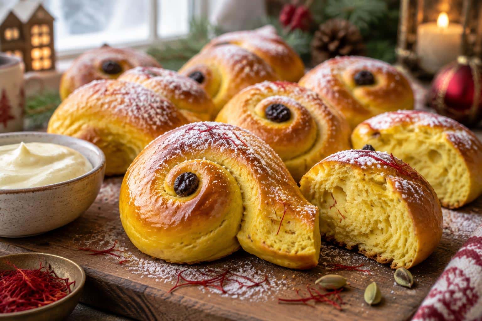 Golden Christmas saffron buns with vanilla cardamom glaze on rustic board, soft natural light