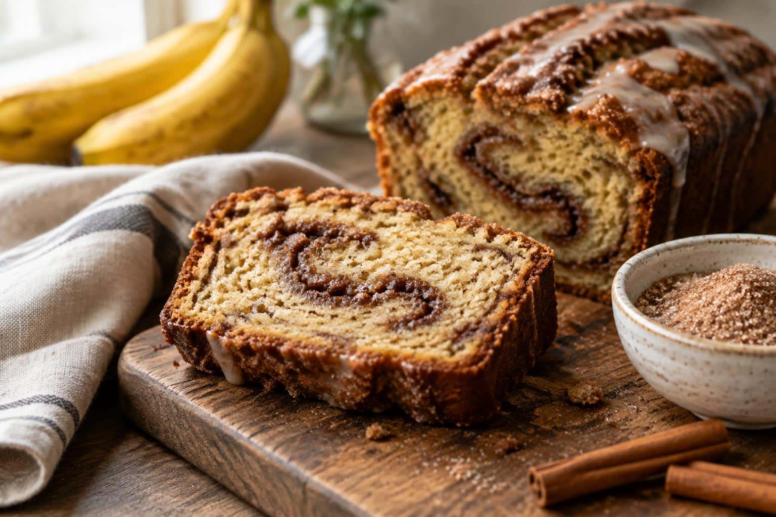 slice of cinnamon roll banana bread with cinnamon sugar swirls on a rustic board