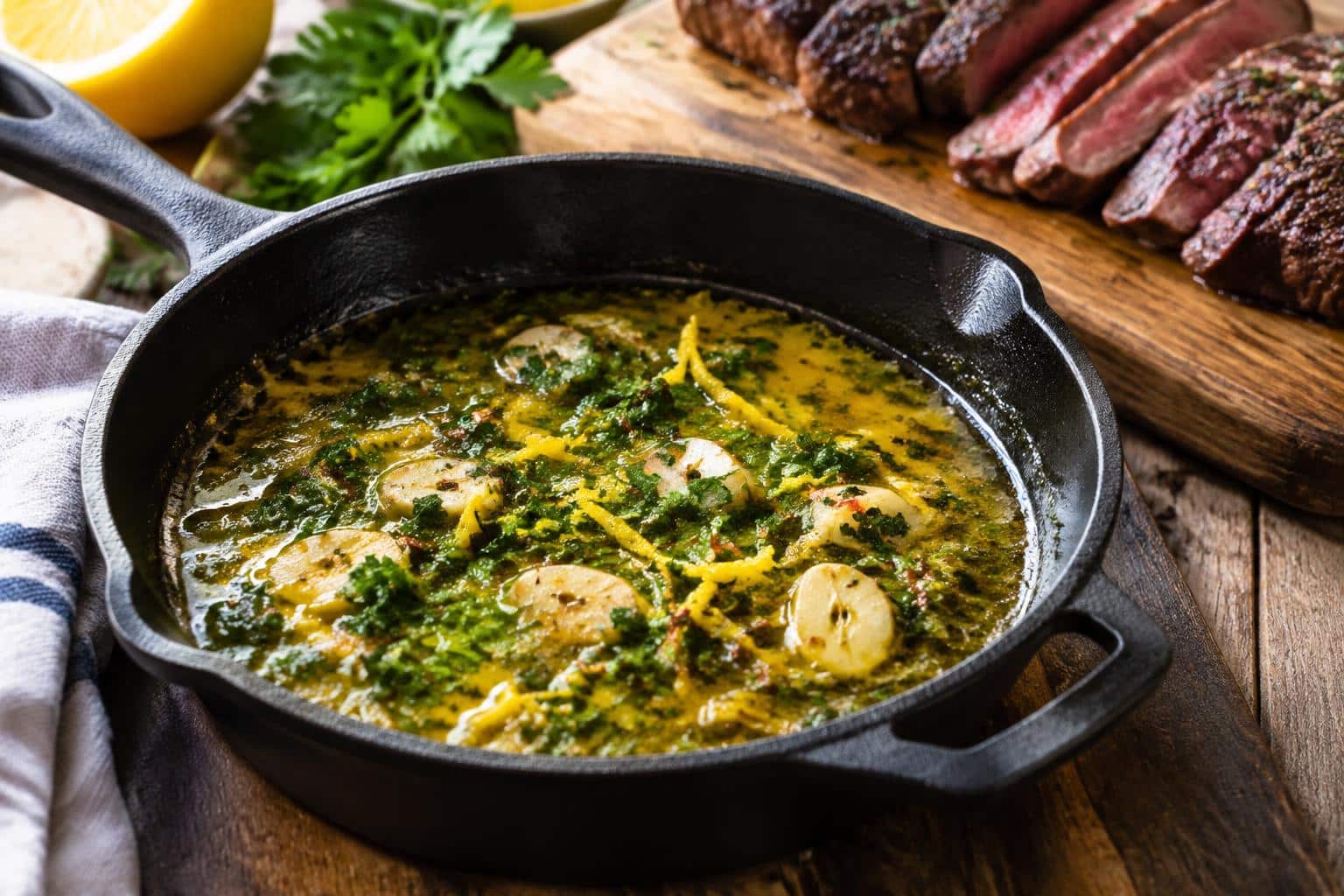 Easy cowboy butter sauce with garlic, herbs, and lemon for steaks in rustic skillet