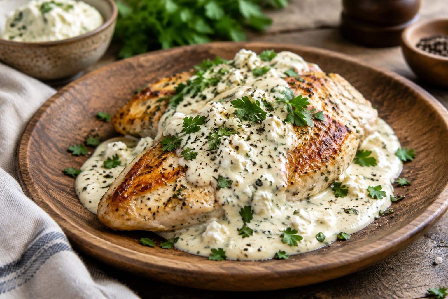 Creamy chicken boursin sauce over pan-seared chicken breasts garnished with parsley