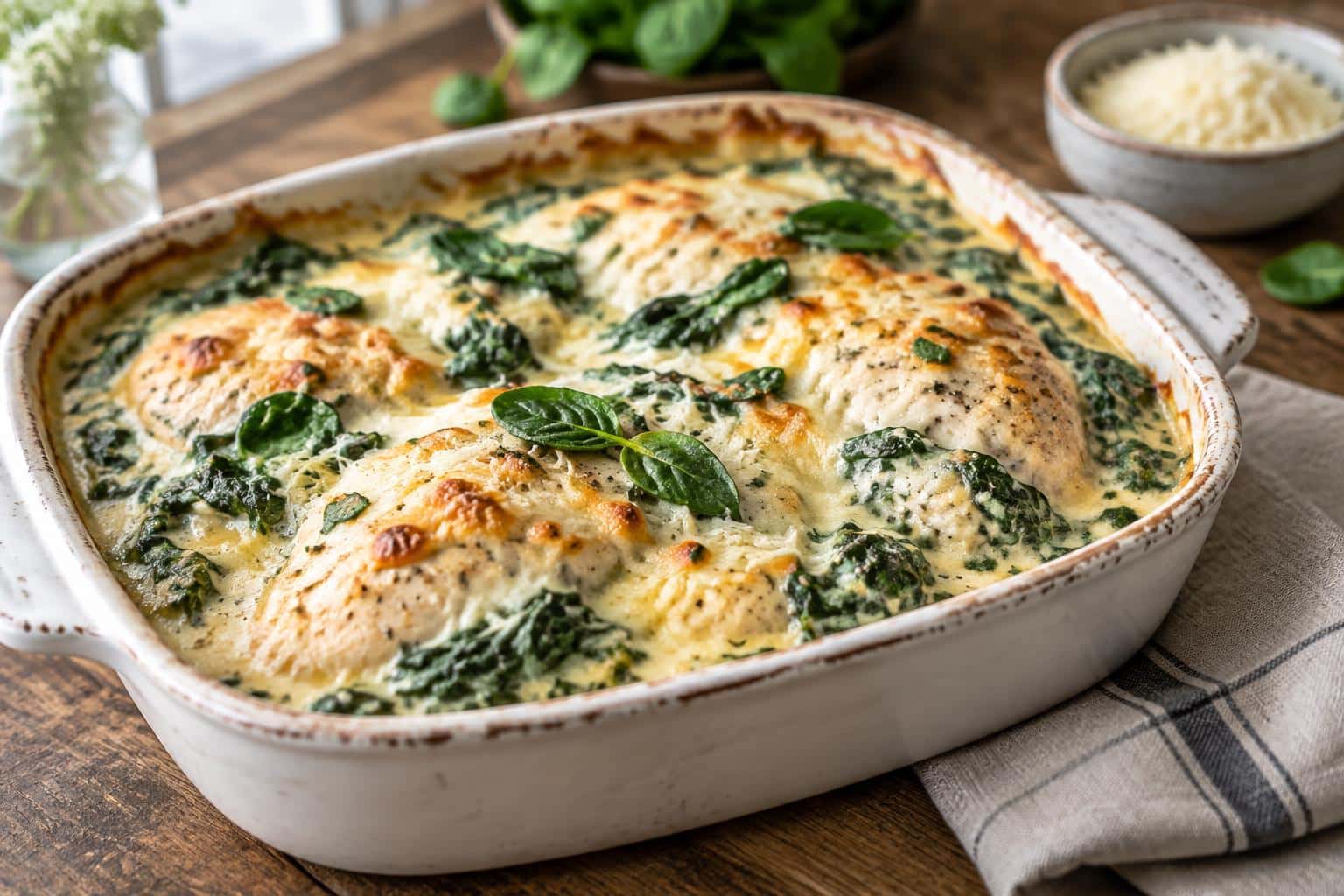 Creamy chicken florentine bake topped with melted cheese and fresh spinach in a white baking dish