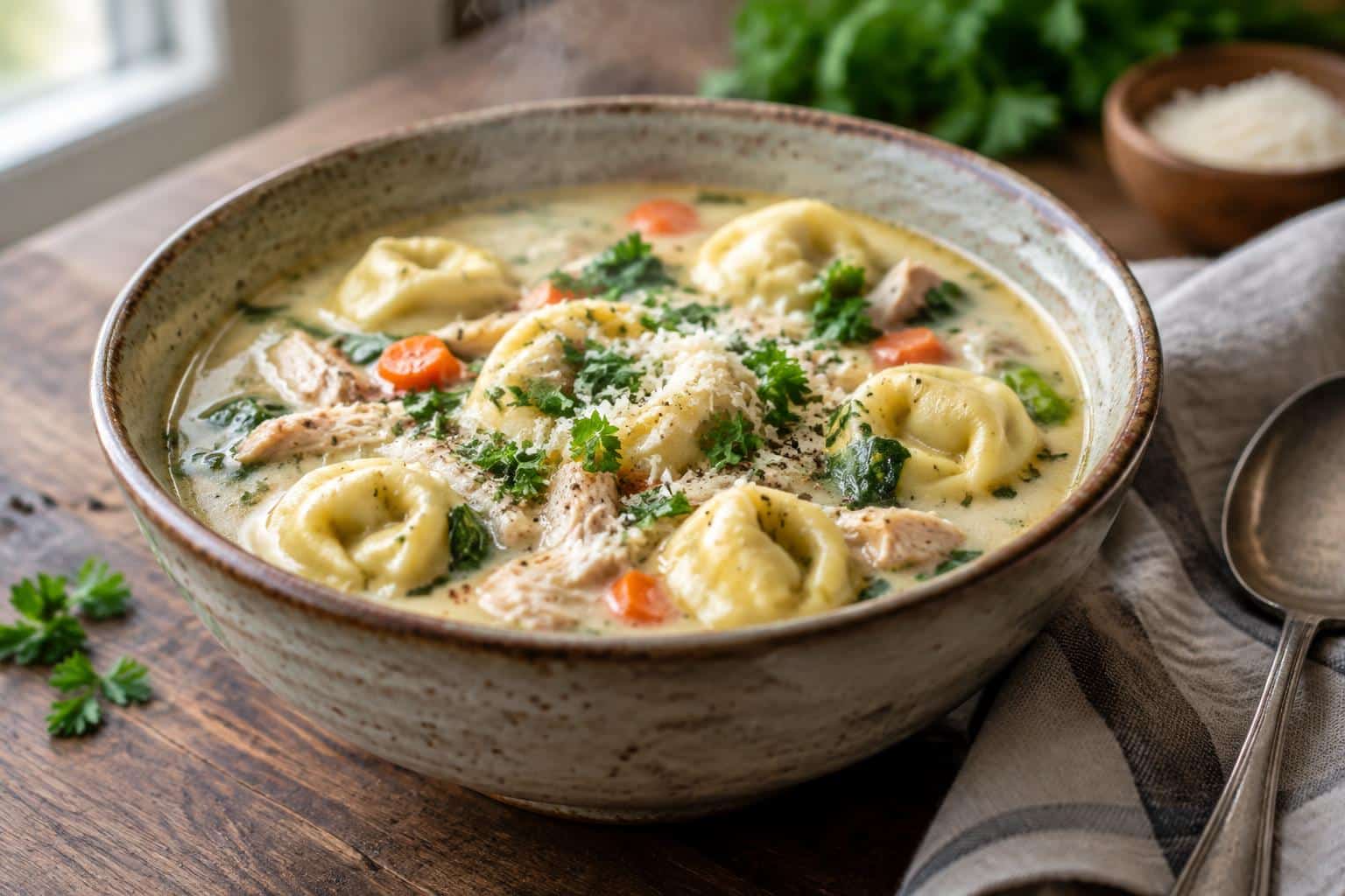 Creamy chicken tortellini soup garnished with parsley and parmesan in a rustic bowl