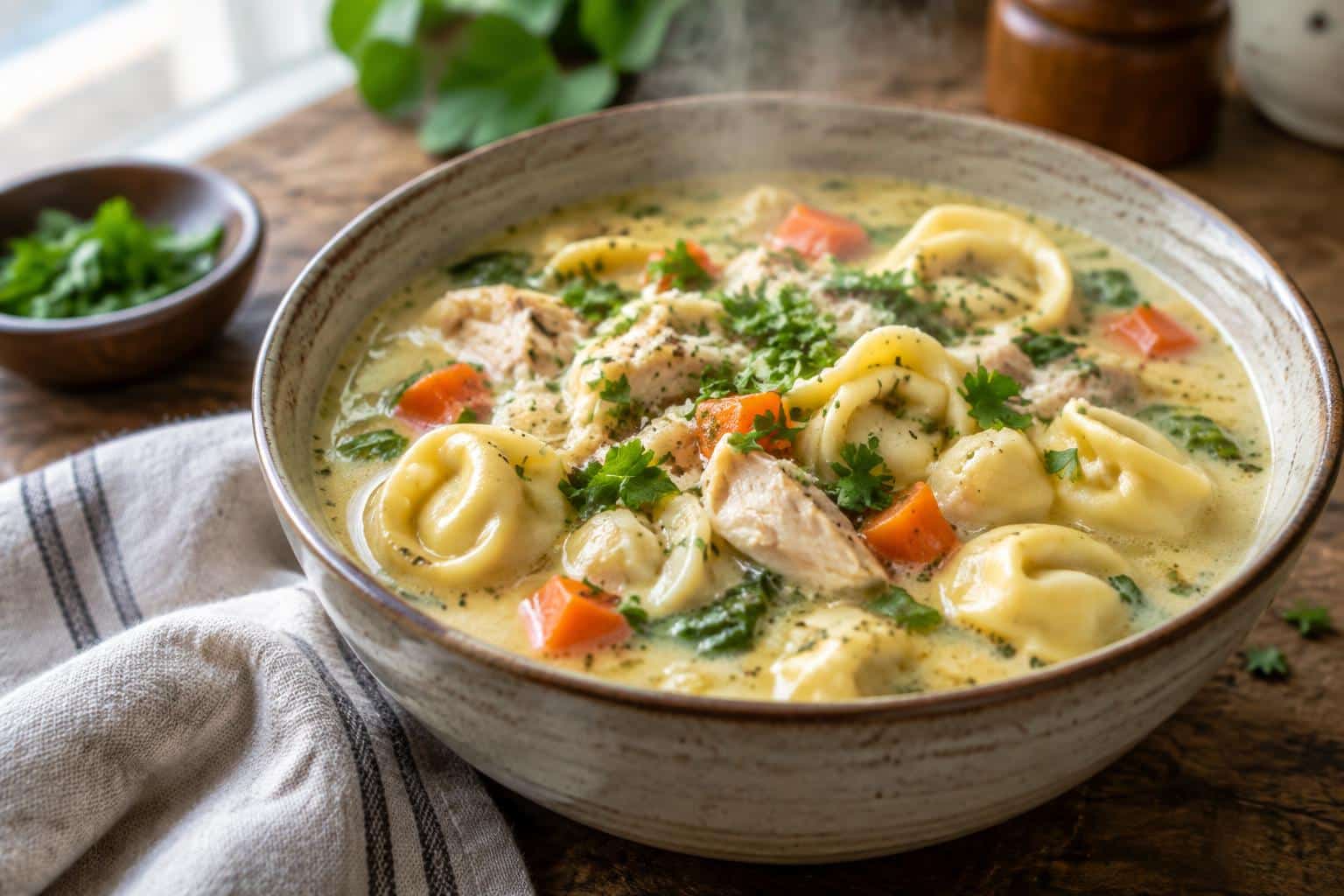 Creamy chicken tortellini soup in a bowl garnished with fresh parsley