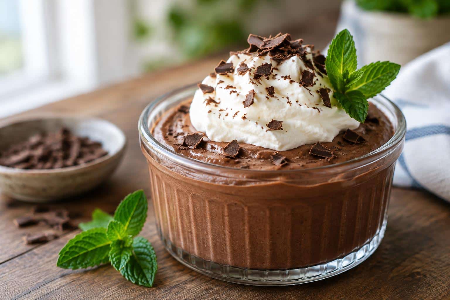 Easy and creamy chocolate mousse dessert topped with whipped cream and chocolate shavings