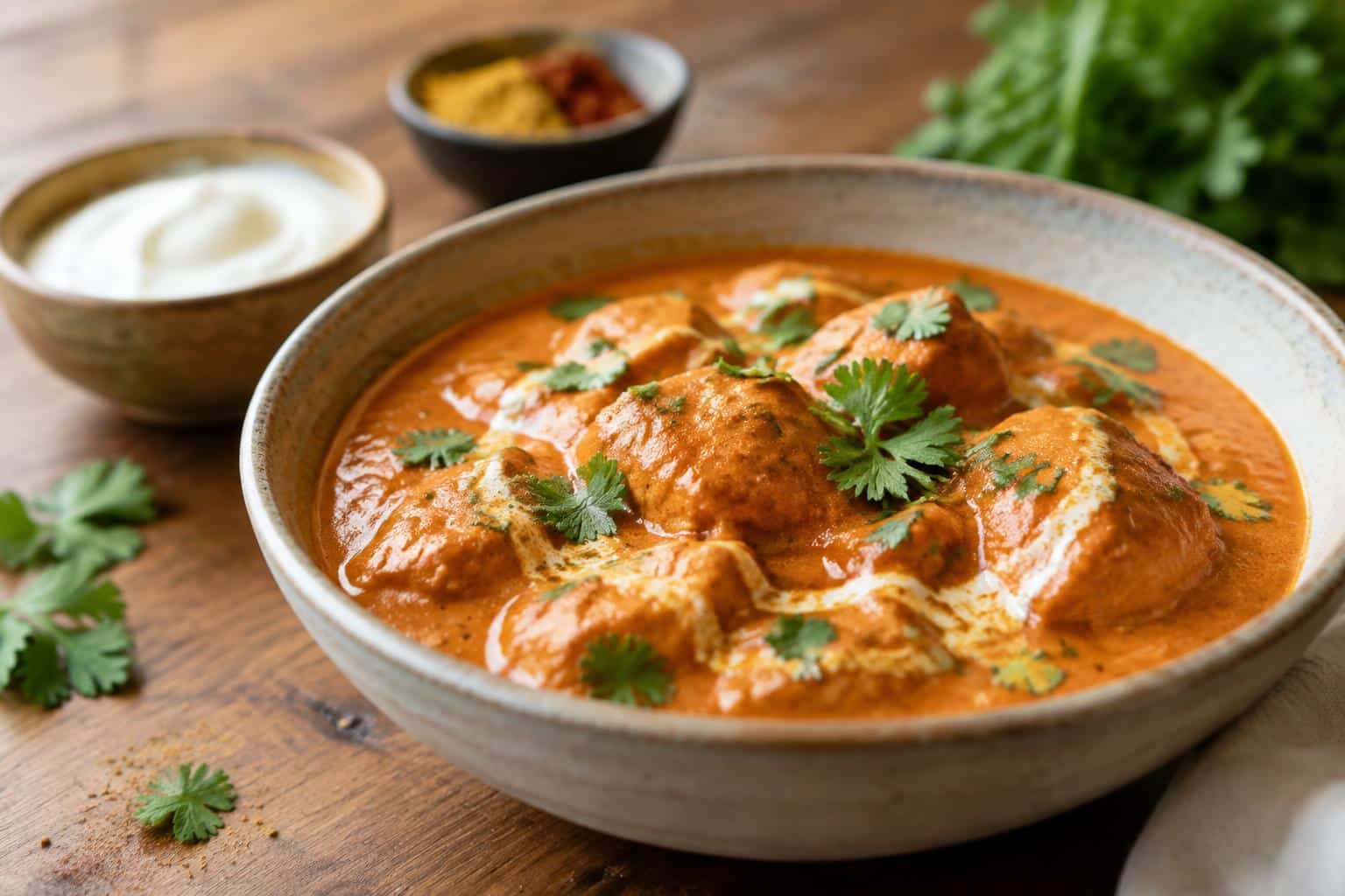 Creamy tikka masala sauce garnished with cilantro in a rustic bowl