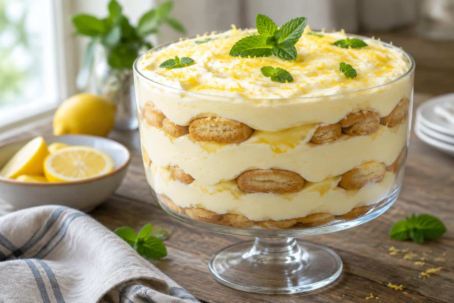 Easy creamy lemon tiramisu dessert with fresh lemon zest garnish and creamy layers