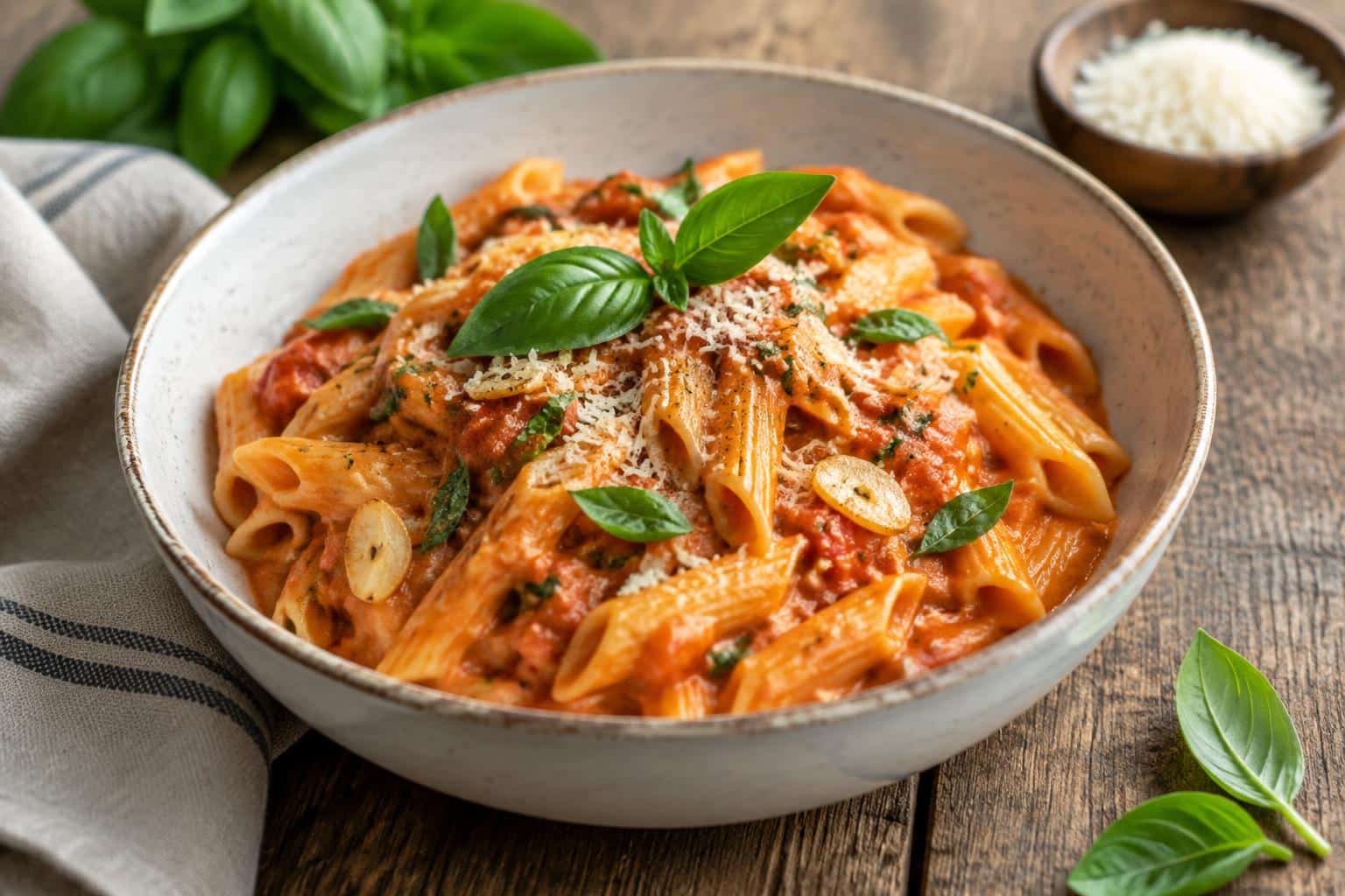Creamy tomato garlic pasta garnished with fresh basil and grated cheese on rustic surface