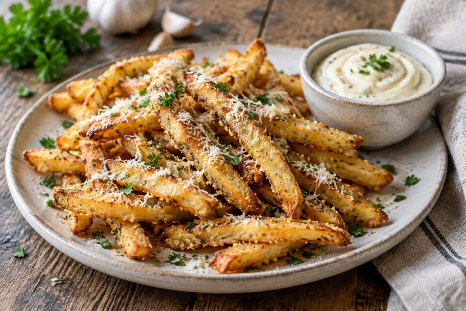 plate of crispy garlic parmesan fries garnished with parsley and Parmesan cheese