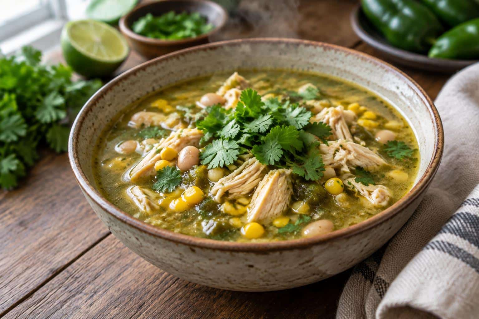 Bowl of green enchilada chicken soup garnished with cilantro, showing creamy texture and chicken chunks