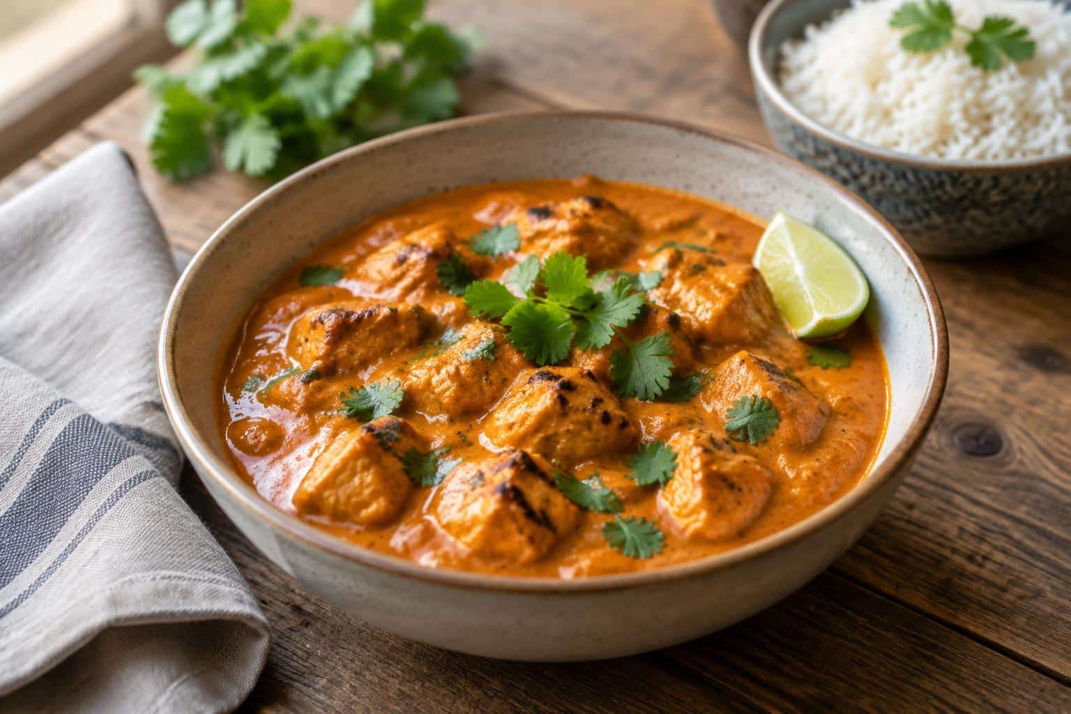 Creamy crockpot chicken tikka masala garnished with cilantro and lime wedge