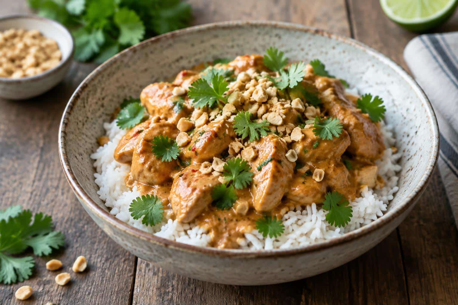 Creamy Thai peanut chicken in a bowl garnished with peanuts and cilantro, showcasing thai peanut chicken