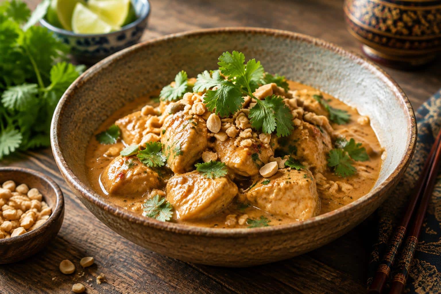 Creamy crockpot Thai peanut chicken garnished with cilantro and chopped peanuts