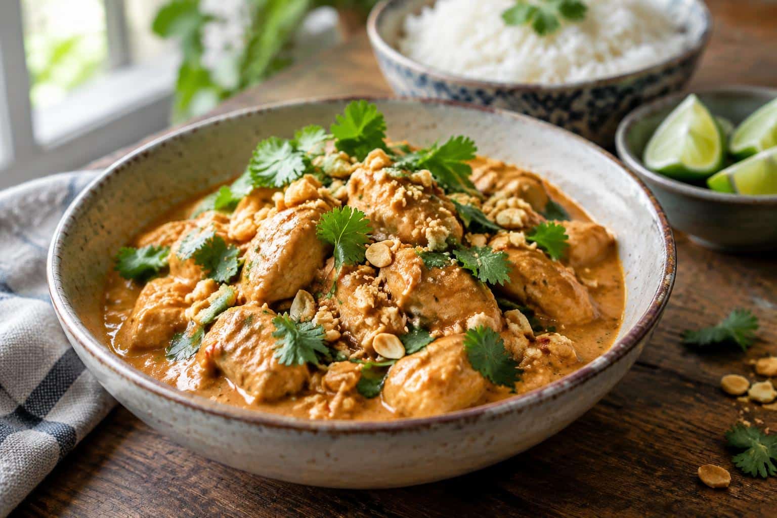 Creamy slow cooker Thai peanut chicken garnished with peanuts and cilantro