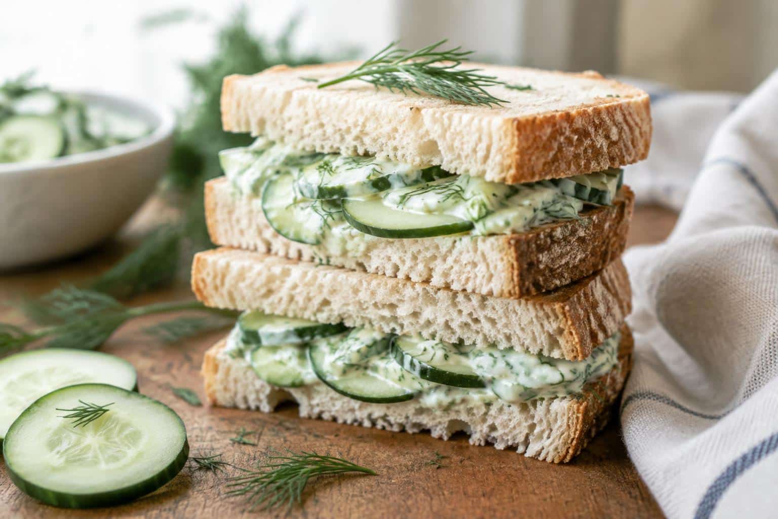 Easy cucumber salad sandwiches stacked with fresh dill and cucumber slices, showcasing cucumber salad sandwiches