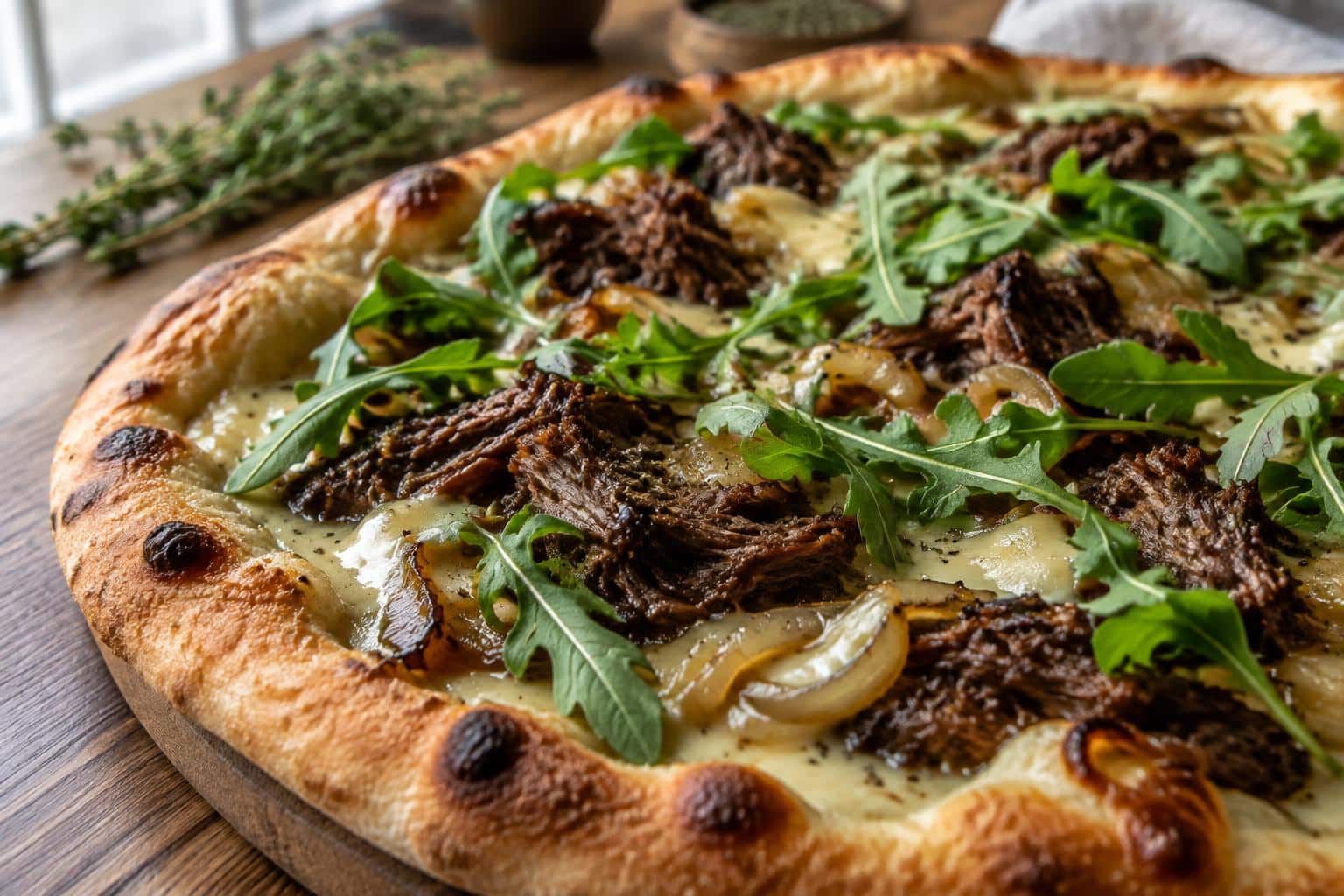 Close-up of decadent short rib pizza with creamy smoked gouda sauce and arugula topping