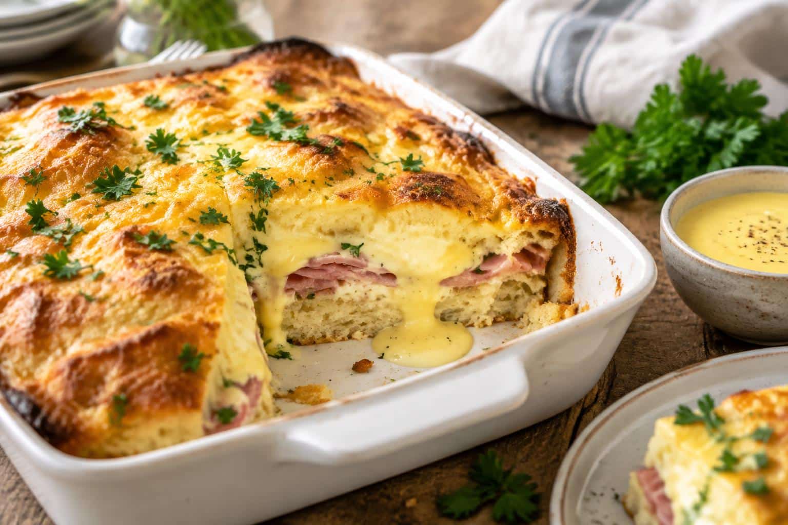 Slices of eggs benedict casserole with creamy hollandaise and ham, perfect eggs benedict casserole brunch dish