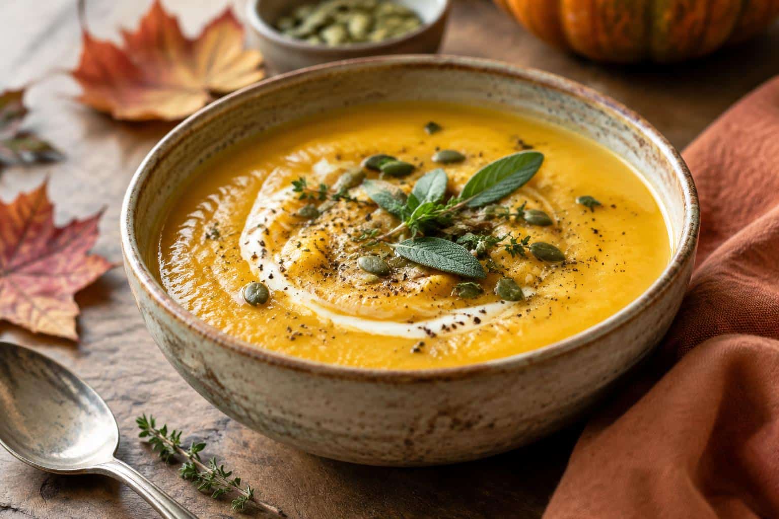 Creamy fall recipe dish served in rustic bowl garnished with herbs and pepper