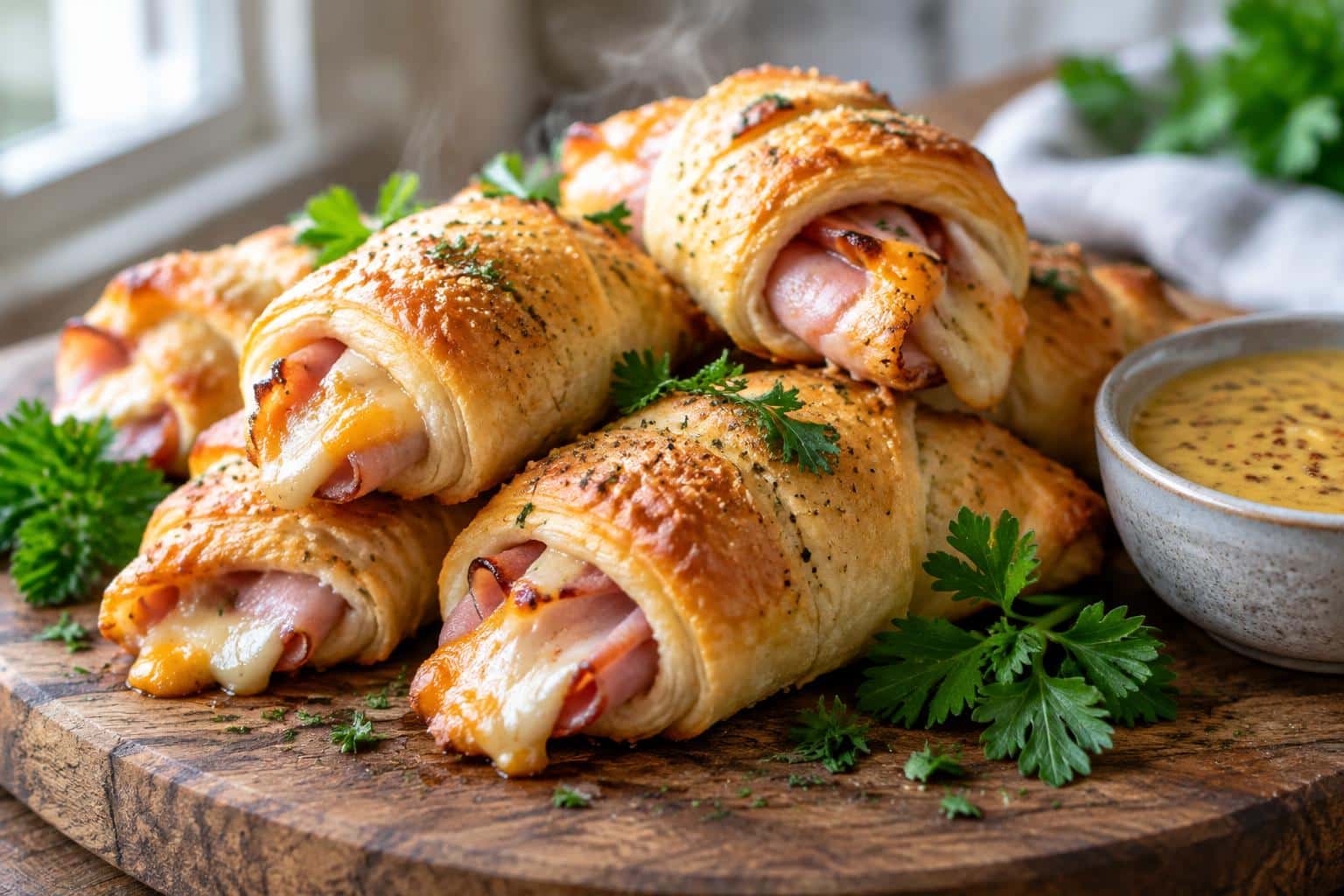 Golden baked ham and cheese crescent roll-ups garnished with parsley and dipping sauce