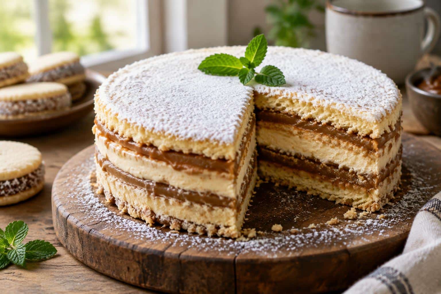 Homemade alfajores biscuit cake stacked with creamy filling and dusted powdered sugar