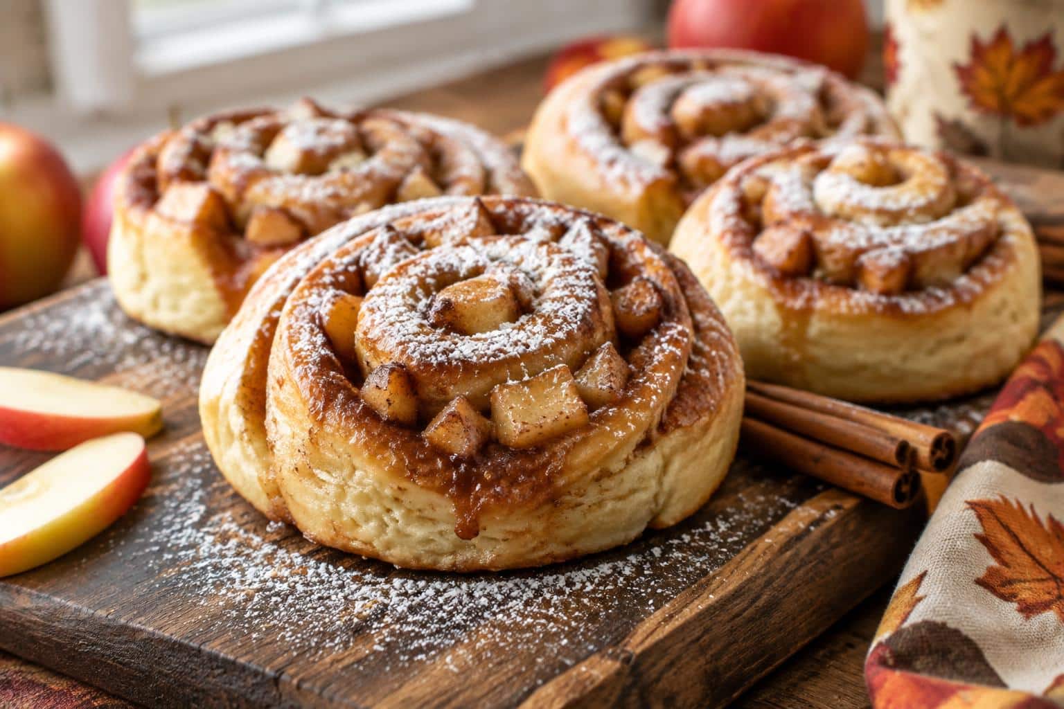 Freshly baked apple pie cinnamon rolls on rustic board with cinnamon and apple slices