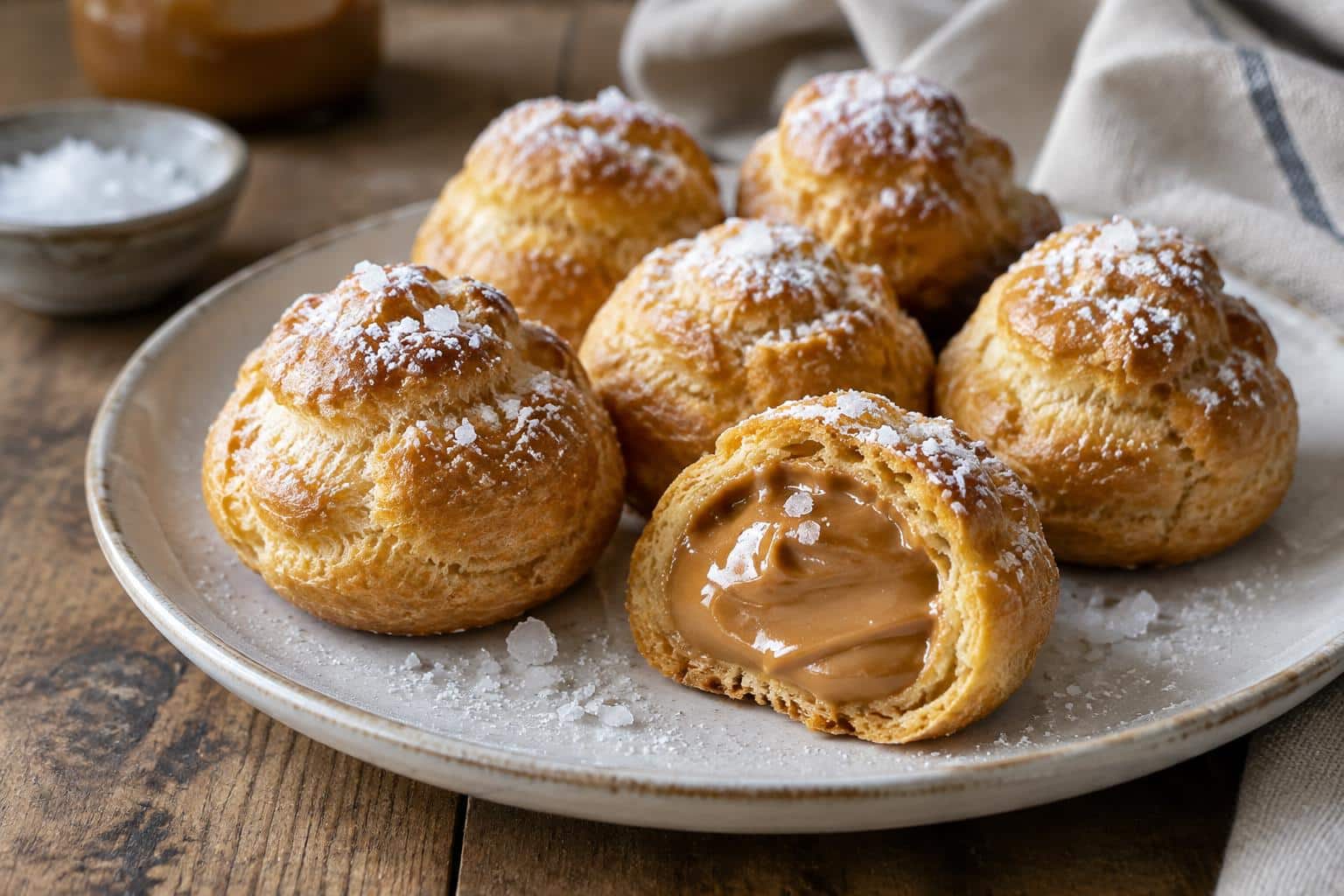 Golden choux caramel beurre salé filled with creamy caramel pastry cream dusted with powdered sugar and sea salt flakes