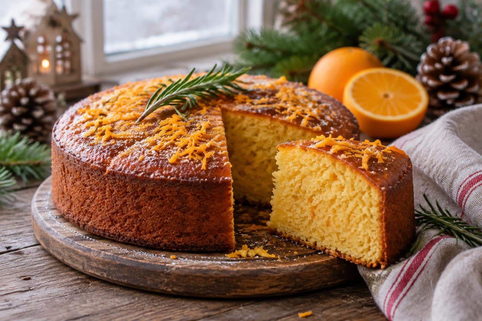 moist christmas orange cake with fresh orange zest and rosemary garnish